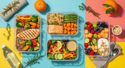 Culinary Composition: A vibrant array of prepared meals, thoughtfully arranged in transparent containers, reveals a mosaic of fresh ingredients, promising a delightful gastronomic experience.