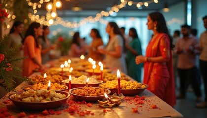 Diwali celebration office event with traditional Indian food. Employees in ethnic attire interact. Tables with sweets candles, lights form festive decor. Corporate teamwork cultural gathering