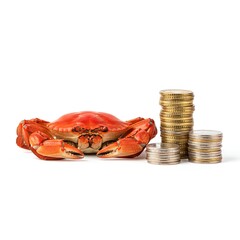 a red crab and a pile of coins on a white background