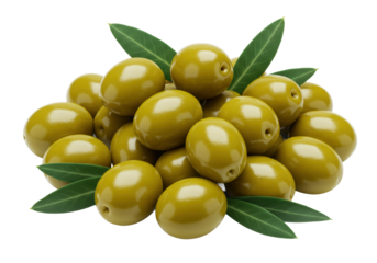 Abundant pile of fresh, plump, glossy emerald green olives with delicate dark green leaves, transparent background, soft diffused studio light, shallow depth of field, natural abundance and healthy