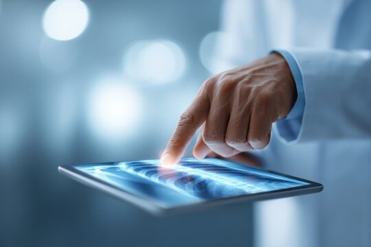 Medical professional analyzing x-ray images on tablet hospital setting digital health insights close-up view medical technology