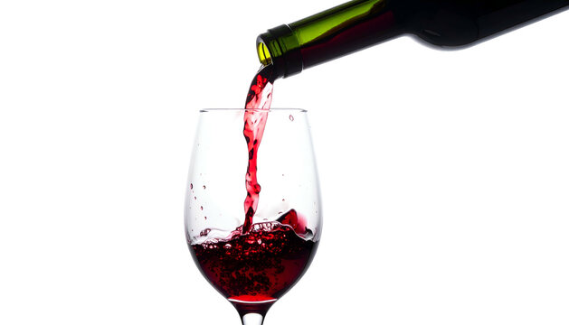 Red wine flows from a bottle into a glass against a black background - Powered by Adobe