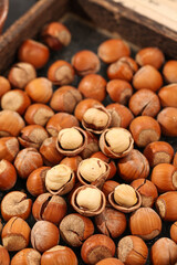 Fresh Hazelnuts Shelled and Unshelled in Wooden Display Tray - Natural Dry Goods and Kernel Nuts