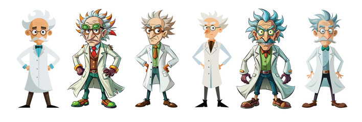 Set of Quirky cartoon mad scientists in lab coats isolated on white background. Concept of eccentric genius, crazy professor, Halloween character, humorous illustration, comic design element. Clip art