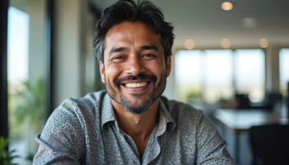 A smiling man with dark hair and a beard sits in an office. He wears a patterned shirt and looks towards the camera. His friendly expression suggests warmth.
