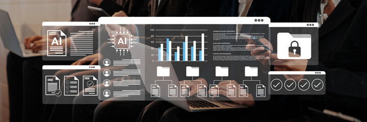 Explore the dynamic interaction of AI technology and business processes. This image illustrates data analysis, security features, and effective document management. Gantry