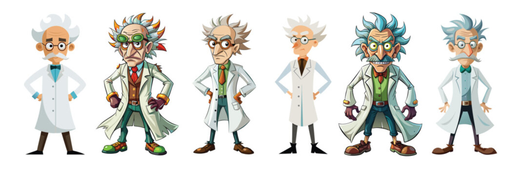 Set of Quirky cartoon mad scientists in lab coats isolated on white background. Concept of eccentric genius, crazy professor, Halloween character, humorous illustration, comic design element. Clip art