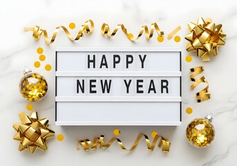 "Happy New Year" lightbox framed by golden bows, ornaments and confetti on marble surface, ideal for holiday celebration, greeting card and festive event concepts

