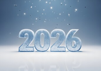 Frosty ice 3D "2026" numbers on snowy white surface with starry sky background, winter-themed design for New Year, celebration and futuristic concept visuals

