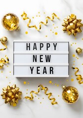 "Happy New Year" lightbox surrounded by golden ornaments and confetti on marble background, perfect for holiday celebration, festive event and greeting concepts

