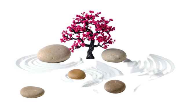 A pink-flowered tree and stones rest on raked sand in a zen garden setting - Powered by Adobe
