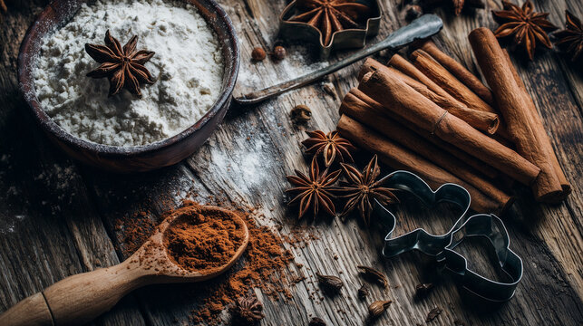 Moody dark holiday baking scene with flour, cinnamon sticks, star anise and metal cookie cutters on rustic wooden surface