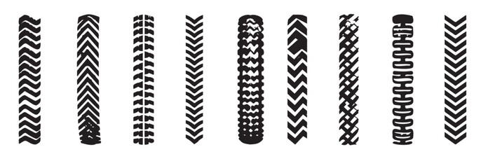 Set of various black tire tracks isolated on a white background. Concept of vehicle patterns, car tread designs, off-road marks, distinct tire imprints. Texture, pattern, automotive design elements