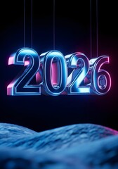 Glowing neon blue and pink "2026" numbers suspended above textured surface against dark background, futuristic design for New Year, tech and innovation concepts

