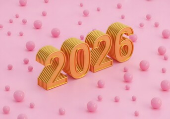 Golden 3D "2026" numbers with ribbed texture on soft pink background scattered with pastel spheres, ideal for New Year, celebration and design concepts

