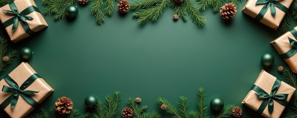 Christmas presents with fir branches and pine cones on green background. Natural gift wrapping with green ribbons. Holiday border for greeting card with copyspace.