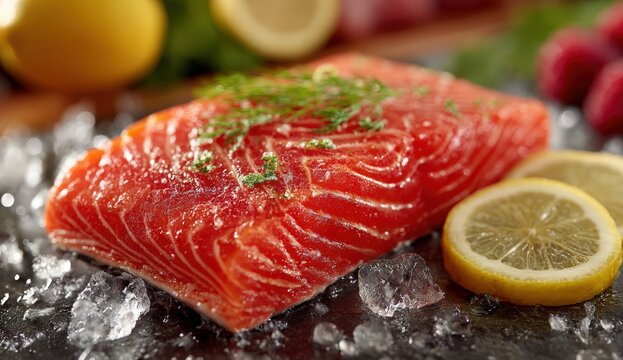 Fresh salmon fillet garnished with herbs, resting on ice, surrounded by lemon slices and berries, showcasing vibrant colors and textures for culinary presentation