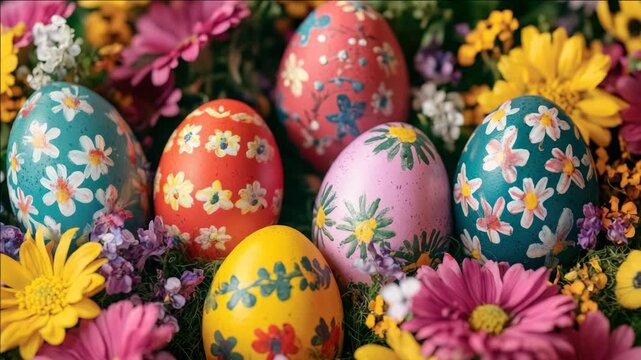 Vibrant painted eggs in various patterns and colors, arranged on a bed of colorful flowers for Easter celebration.