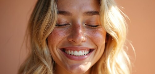 Young woman with freckles smiles with closed eyes. She has blonde wavy hair and a happy natural look. Her skin glows in soft sunlight, conveying pure joy and health.