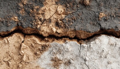 Fototapeta premium Textured surface of cracked earth, showcasing contrasting colors of brown, gray, and white, highlighting natural erosion patterns and geological features in a dry environment