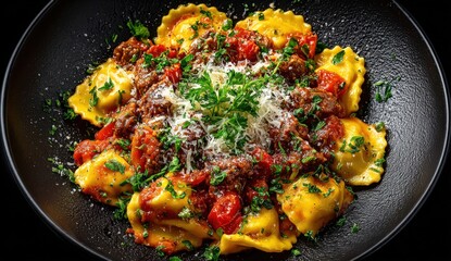 Delicious plate of ravioli topped with rich meat sauce, garnished with fresh herbs and grated cheese, served in a stylish black bowl, showcasing culinary artistry and flavor
