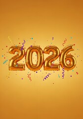 Golden "2026" number balloons on a warm orange background with colorful confetti, perfect for New Year celebrations and festive party designs.

