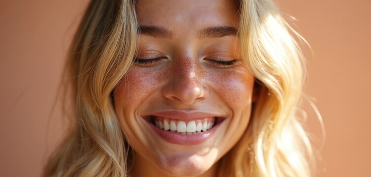 Young woman with freckles smiles with closed eyes. She has blonde wavy hair and a happy natural look. Her skin glows in soft sunlight, conveying pure joy and health.