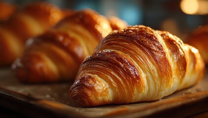 Freshly baked golden croissants arranged on a wooden tray, showcasing flaky layers and a glossy finish, perfect for breakfast or pastry lovers, with warm ambiance