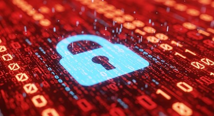 A digital padlock hovers over a red binary code background, symbolizing data protection, cybersecurity, and the importance of online privacy in the digital age