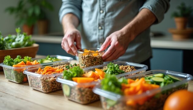 Man prepares healthy meal prep in kitchen. Organizes fresh ingredients including grain, carrots, greens, cucumbers into food containers for weekly balanced diet. Homemade cooking provides important