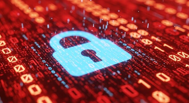 A digital padlock hovers over a red binary code background, symbolizing data protection, cybersecurity, and the importance of online privacy in the digital age