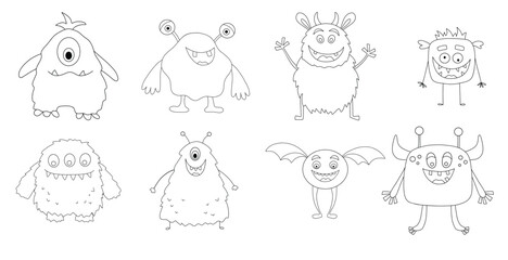 set of cute monsters funny cool line monster aliens or