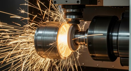 Metal Crafting Precision: An up-close view reveals the intensity of a metalworking operation, sparks fly as a machine meticulously shapes a metal component.