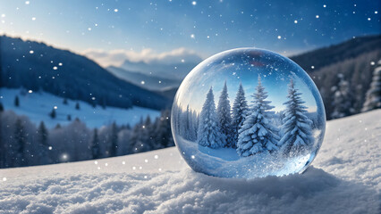 A stunning winter landscape with a crystal snow globe reflecting a snowy forest, set on a fresh snowdrift with majestic mountains and falling snow