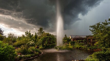 Fototapeta premium Dramatic Waterfall in Lush Garden Under Stormy Sky