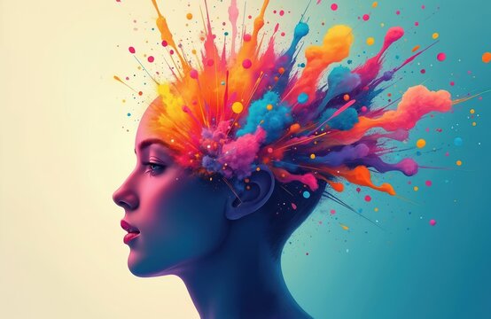 Side profile illustration of human head exploding with colorful paint splashes and dots. Vibrant abstract art represents creativity and imagination bursting forth in a dynamic display of color.