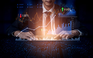 A businessman reviews stock market trends using advanced data visualizations. The scene captures...