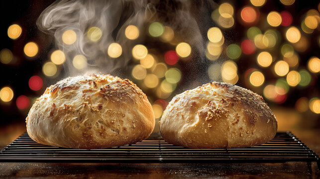 Two steaming round rustic holiday breads cooling on wire rack surrounded by warm glowing festive Christmas bokeh lights