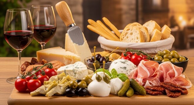 Gourmet Delights: A culinary masterpiece awaits, as a vibrant array of cheeses, cured meats, and fresh produce is artfully arranged alongside glasses of rich red wine.