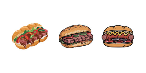a set of vector illustration of a steak sandwich, likely depicting a variation of a cheesesteak.