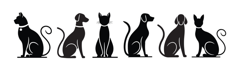 Set of Silhouettes of Cats and Dogs in Different Poses
