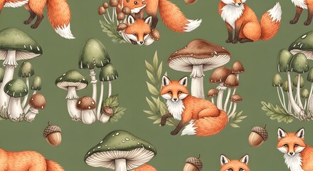 Whimsical seamless pattern featuring adorable red foxes, various woodland mushrooms, and scattered acorns on a deep forest green background, perfect for textile designs and autumn-themed graphics