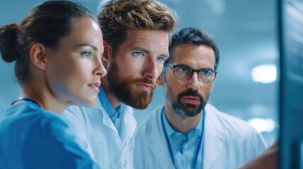Medical team analyzing patient data in a high-tech laboratory environment
