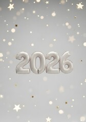Silver "2026" number balloons on a light gray background with sparkling stars and bokeh lights, perfect for New Year celebrations and festive designs.

