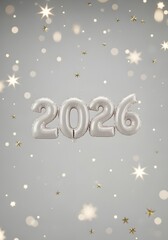 Silver "2026" number balloons on a light gray background with sparkling stars and bokeh lights, perfect for New Year celebrations and festive designs.

