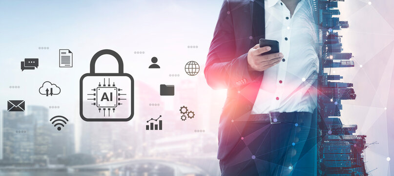 Businessman interacts with smartphone against urban backdrop, showcasing AI security symbols that represent advanced technology and digital security concepts. Gantry