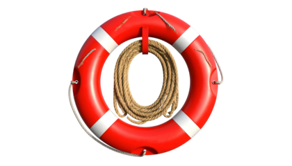 A vibrant red life preserver with rope, hung against a stark black background
