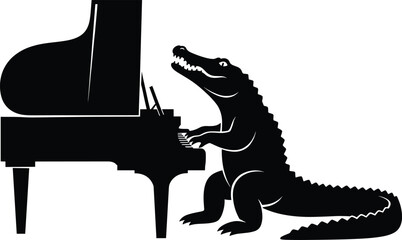 Whimsical alligator playing piano, animal musician silhouette, black and white vector, grand piano performance, fun wildlife art, creative illustration © MstFatema