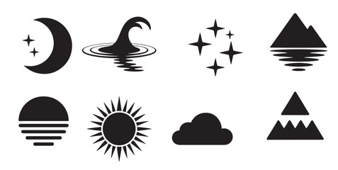set of simple black and white nature and celestial icons