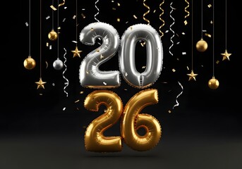 Silver "20" and gold "26" number balloons with stars and streamers on a black background, perfect for New Year's Eve celebrations and party designs.

